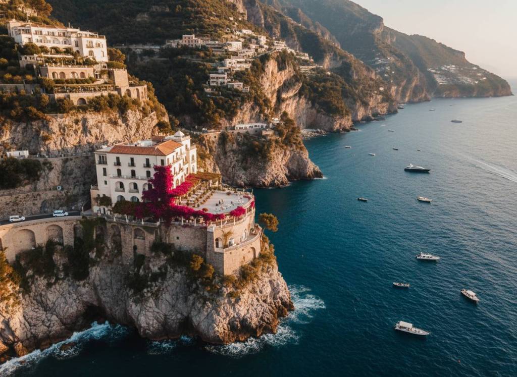 Aerial view of the Amalfi Coast cliffs above a deep blue sea