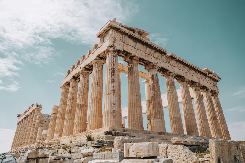 Sunlit ancient stone ruins in Athens, Greece