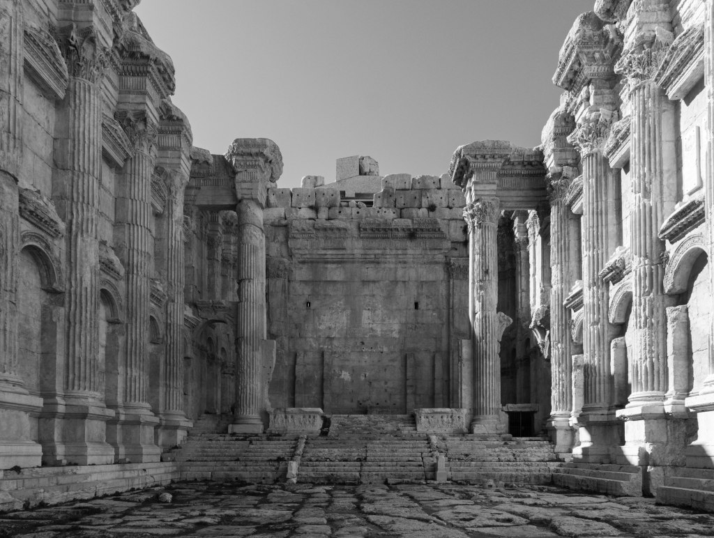 Stone columns of the Temple of Bacchus in Baalbek, Lebanon