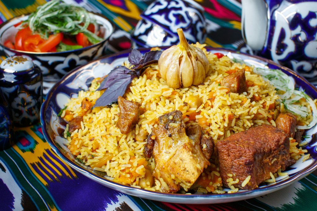 A plate of spiced rice with meat, in the spirit of Bahraini machboos