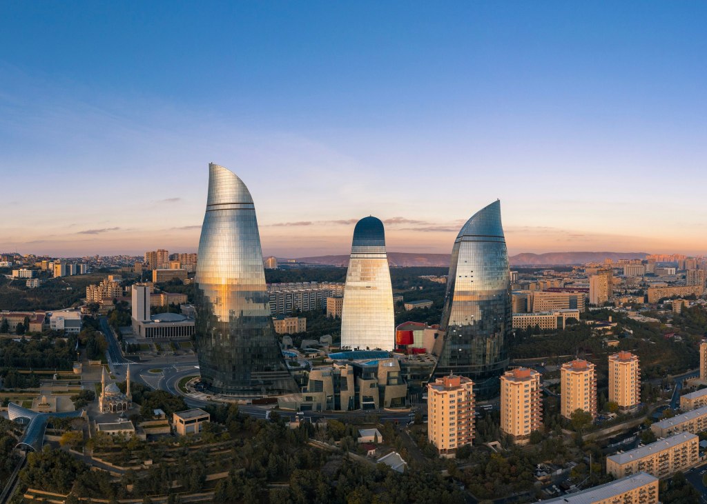 Baku city skyline under a blue sky in Azerbaijan