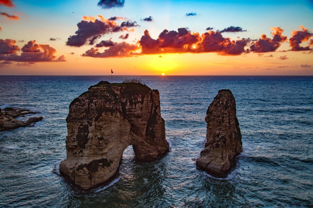 Two sea rock formations off the coast of Beirut at Raouche