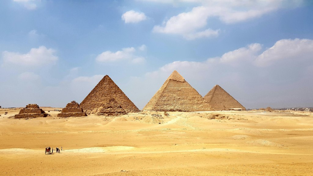 Pyramid at Giza under a clear blue sky near Cairo, Egypt