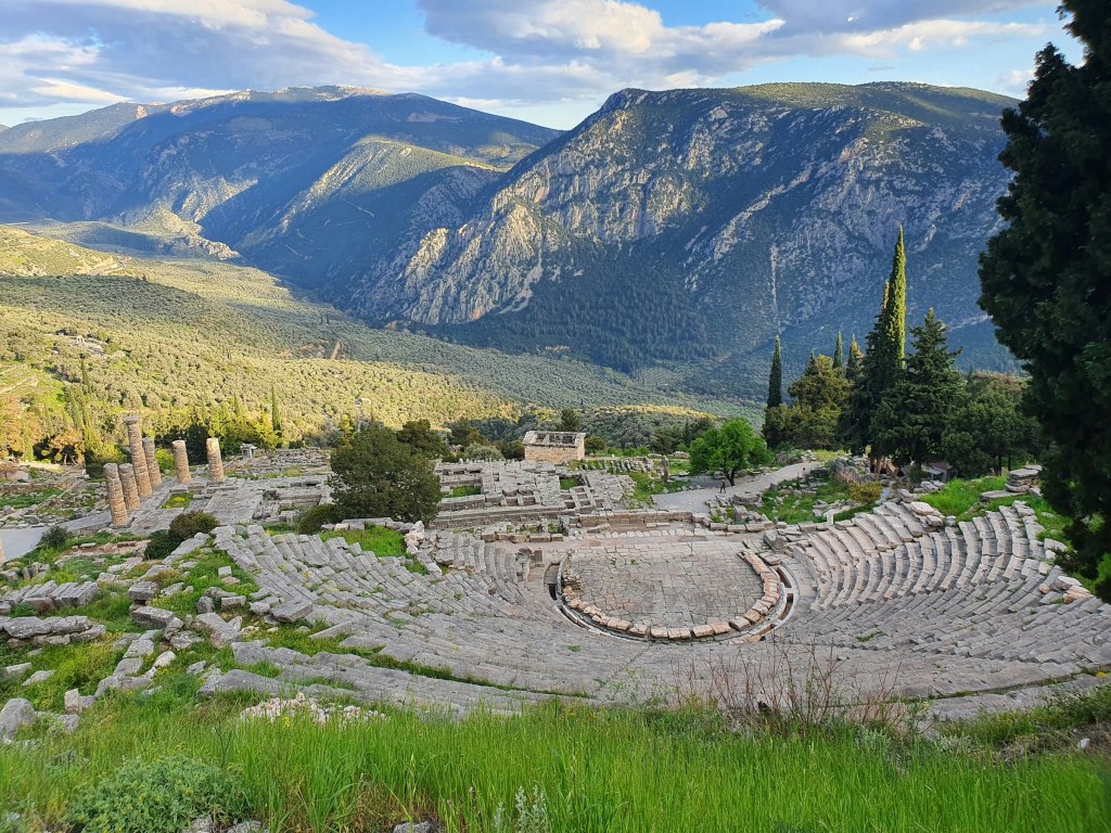 Ancient theatre of Delphi set among the mountains of central Greece