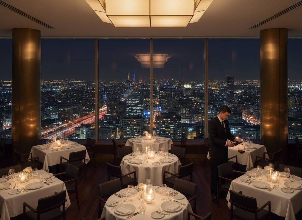 Luxury dining room overlooking a city skyline at night
