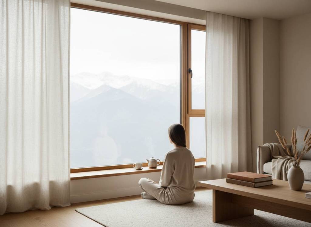 Quiet contemplation by a large window with tea