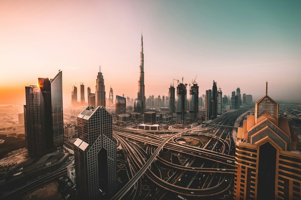Dubai Downtown skyline with the Burj Khalifa above the city