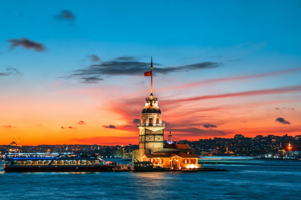 The Maiden Tower on the Bosphorus in Istanbul at sunset