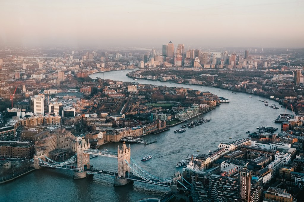 Aerial view of the London skyline and the River Thames in daylight
