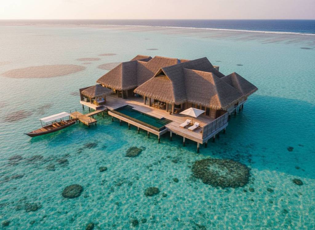 Private overwater villa above a turquoise lagoon
