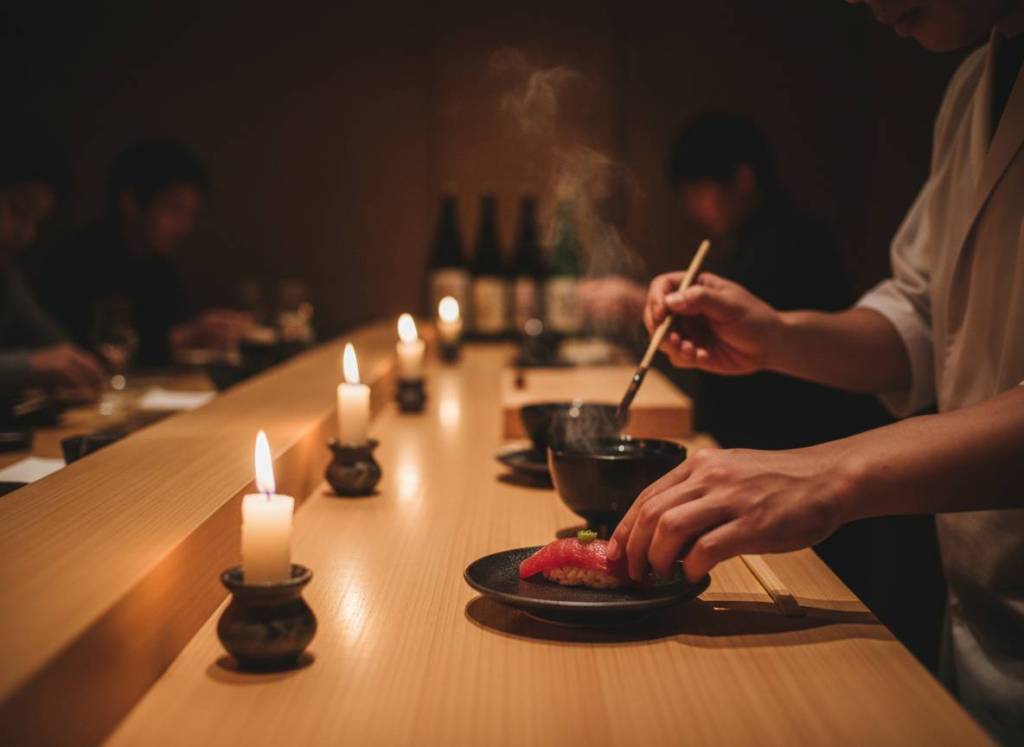 Omakase counter in a dimly lit Tokyo restaurant