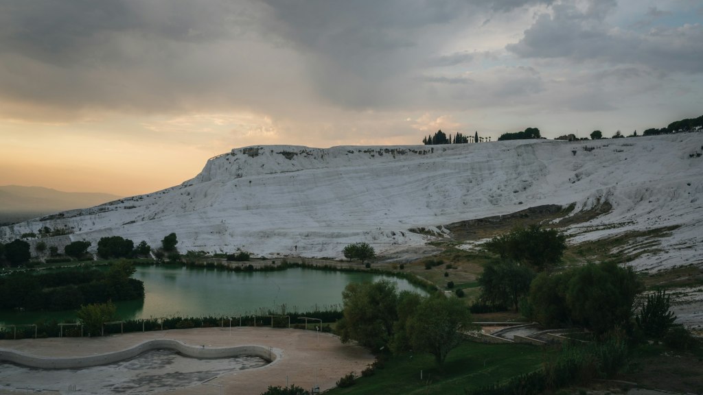 White travertine terraces and thermal pools of Pamukkale, Turkey