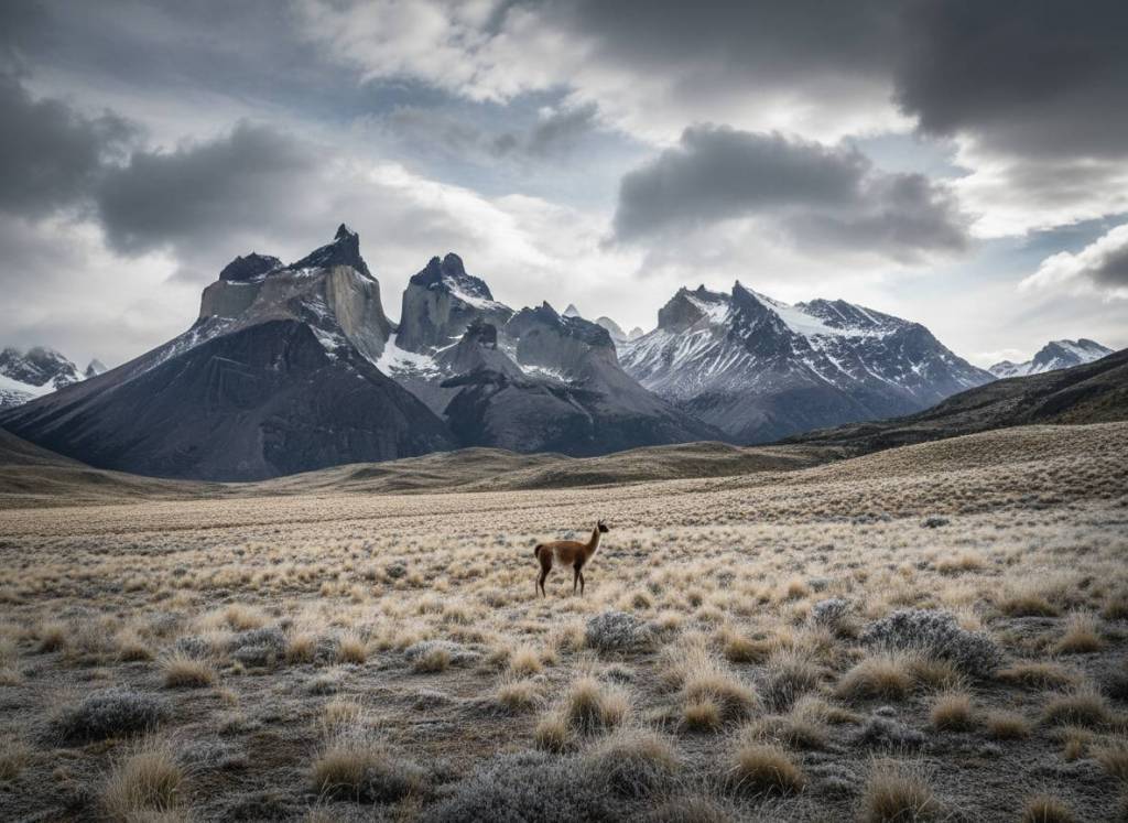 Patagonia in winter with slate peaks and open steppe