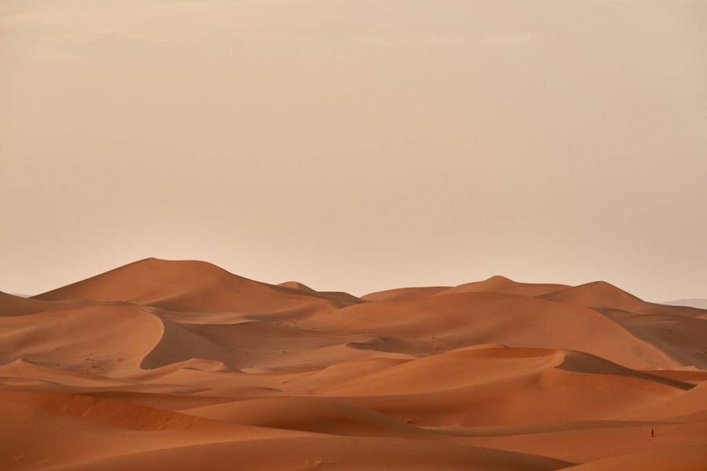 Rolling golden sand dunes in a desert landscape