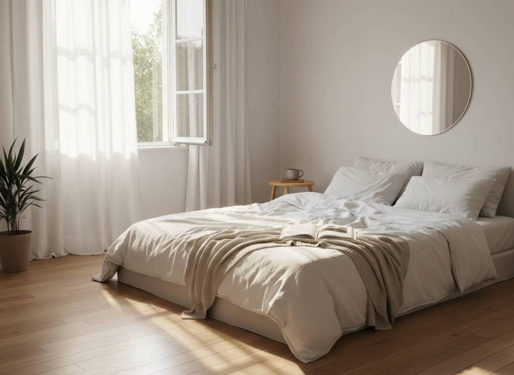 Minimalist bedroom in soft morning light