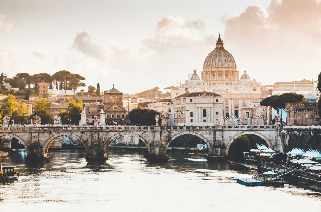 St. Peter's Basilica and Ponte Sant'Angelo over the Tiber in Rome