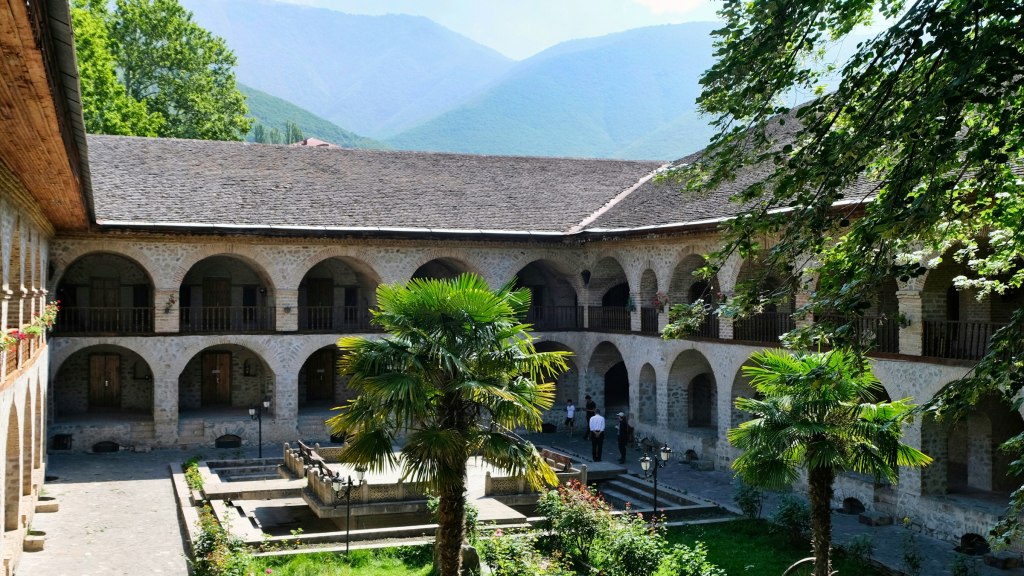 Stone courtyard with a fountain in Sheki, Azerbaijan