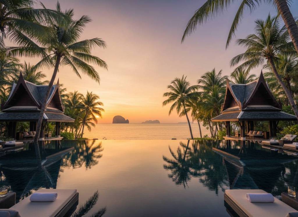 Luxury Thai resort with pavilion rooftops and an infinity pool at golden hour